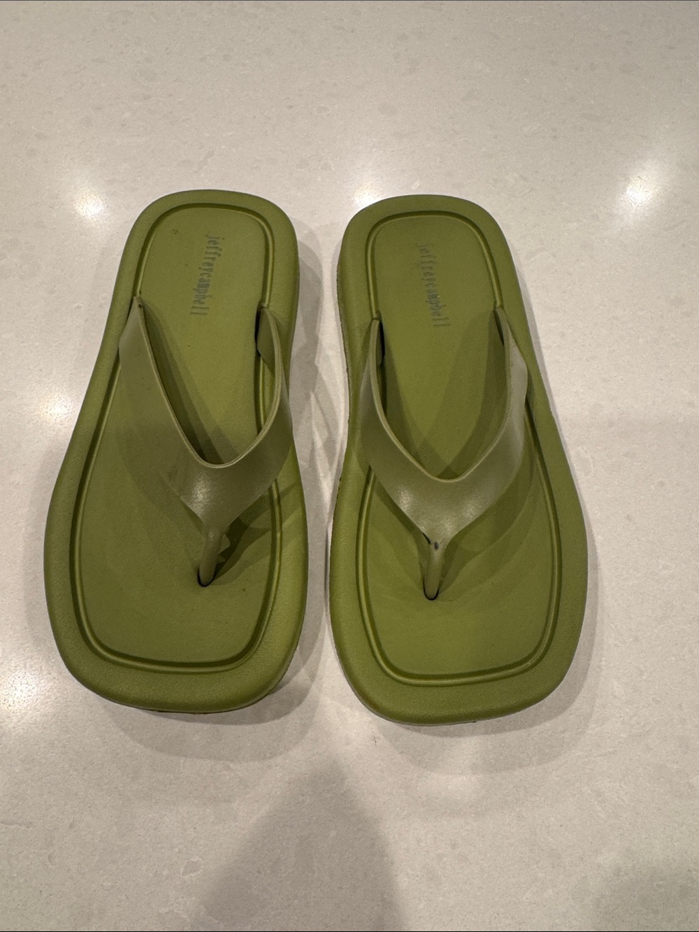 Jeffrey Campbell Olive Green Foam Flip-Flops like the square front